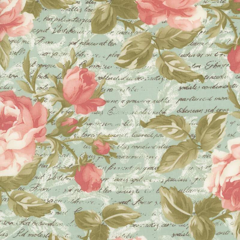Large floral print and vintage cursive text on a layered pale blue green background.