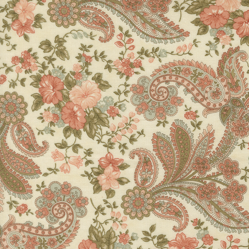 Coral, sage, blush, and aqua floral and paisley motifs on a cream background.