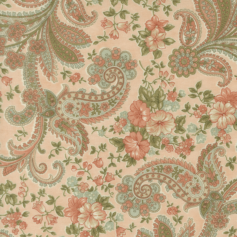 Coral, sage, blush, and aqua floral and paisley motifs on a mottled peach background.