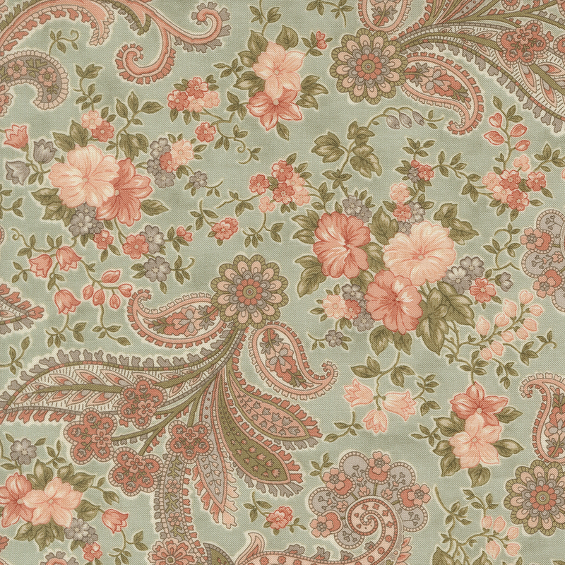 Coral, sage, blush, and aqua floral and paisley motifs on a mottled light pale green background.