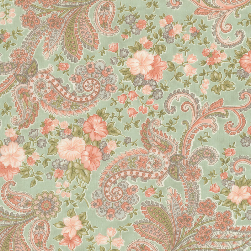 Coral, sage, blush, and aqua floral and paisley motifs on a mottled light pale green background.