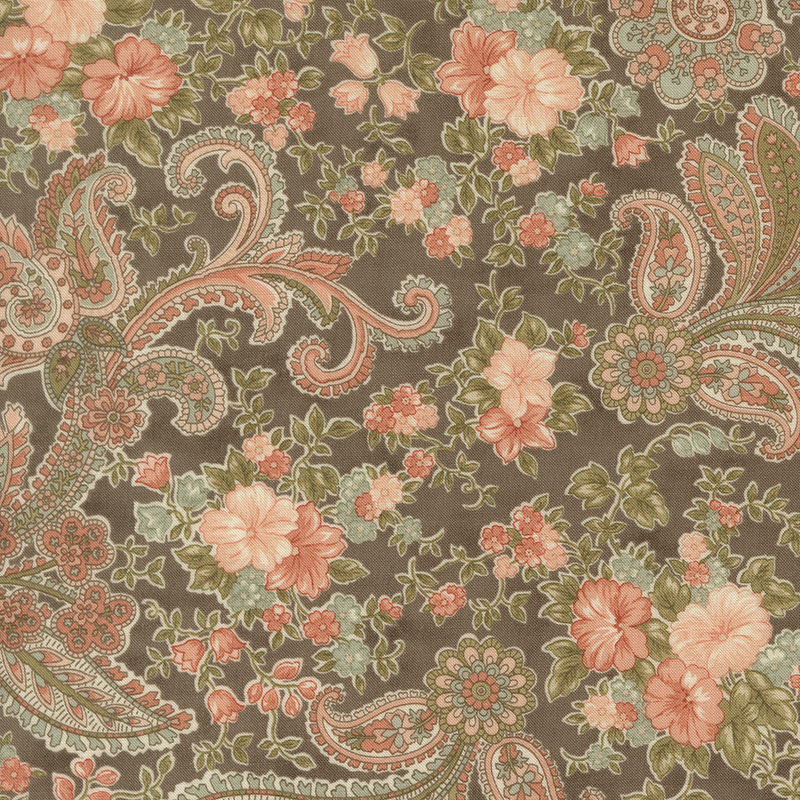 Coral, sage, blush, and aqua floral and paisley motifs on a mottled taupe gray background.