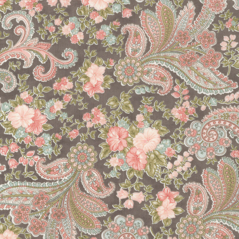 Coral, sage, blush, and aqua floral and paisley motifs on a mottled taupe gray background.