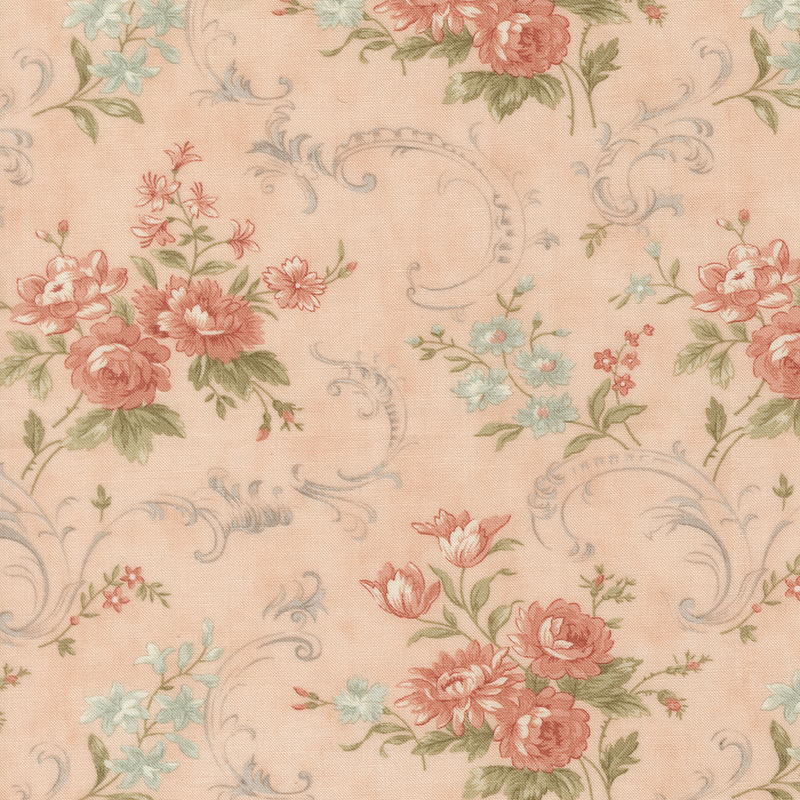 Pink and blue floral blossoms with gray swirling accents on a mottled blush background.