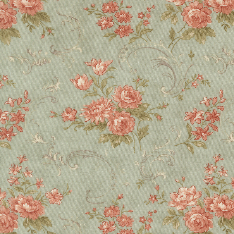 Pink floral blossoms with gray swirling accents on a mottled misty blue green background.
