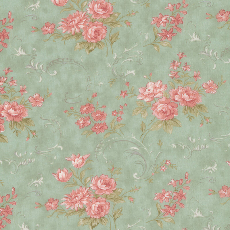 Pink floral blossoms with gray swirling accents on a mottled misty blue green background.