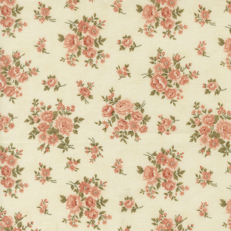 Pink and coral floral blossoms with olive leaves on a mottled cream background.