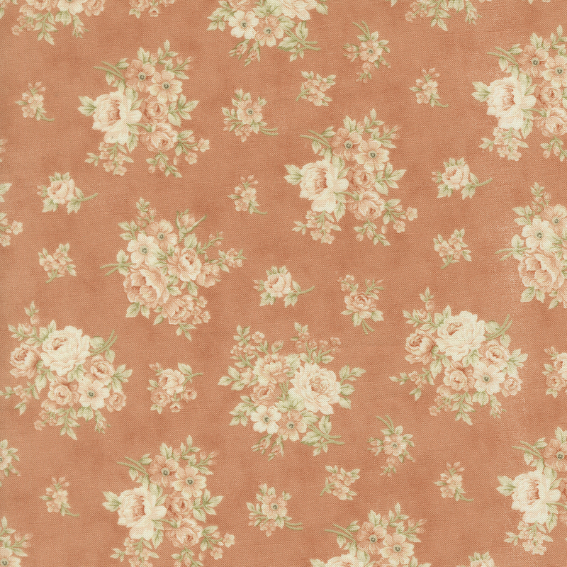 Ivory and pink floral blossoms with olive leaves on a mottled peach background.