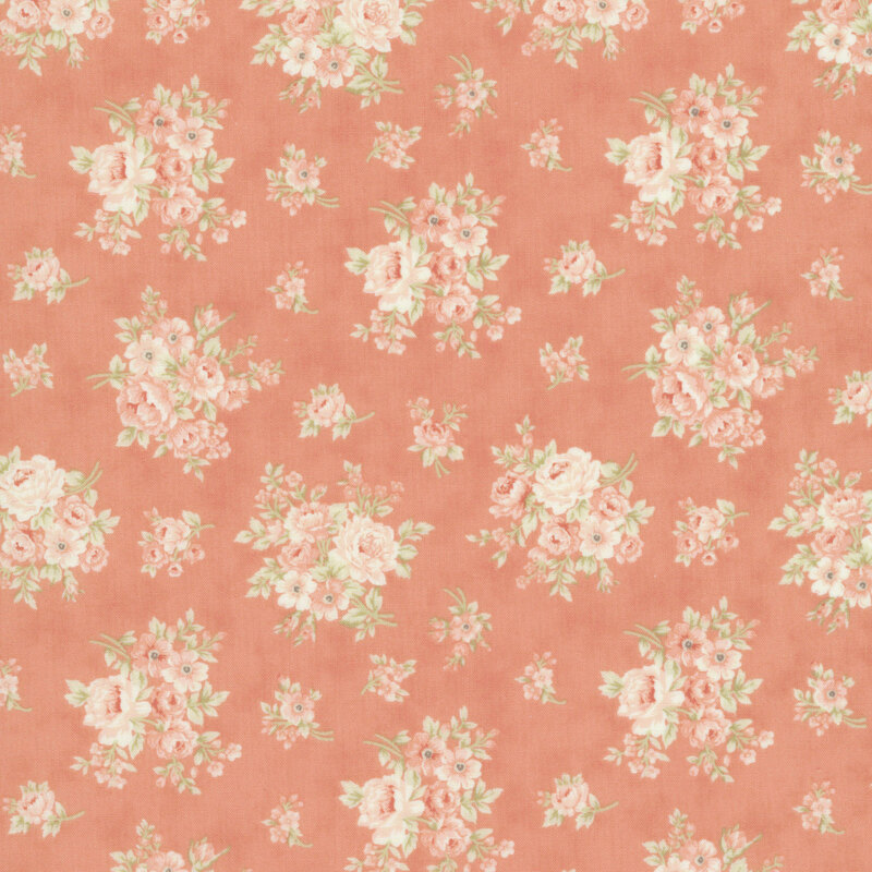 Ivory and pink floral blossoms with olive leaves on a mottled peach background.