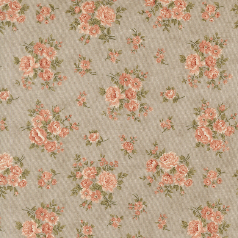 Pink and coral floral blossoms with olive leaves on a mottled taupe gray background.