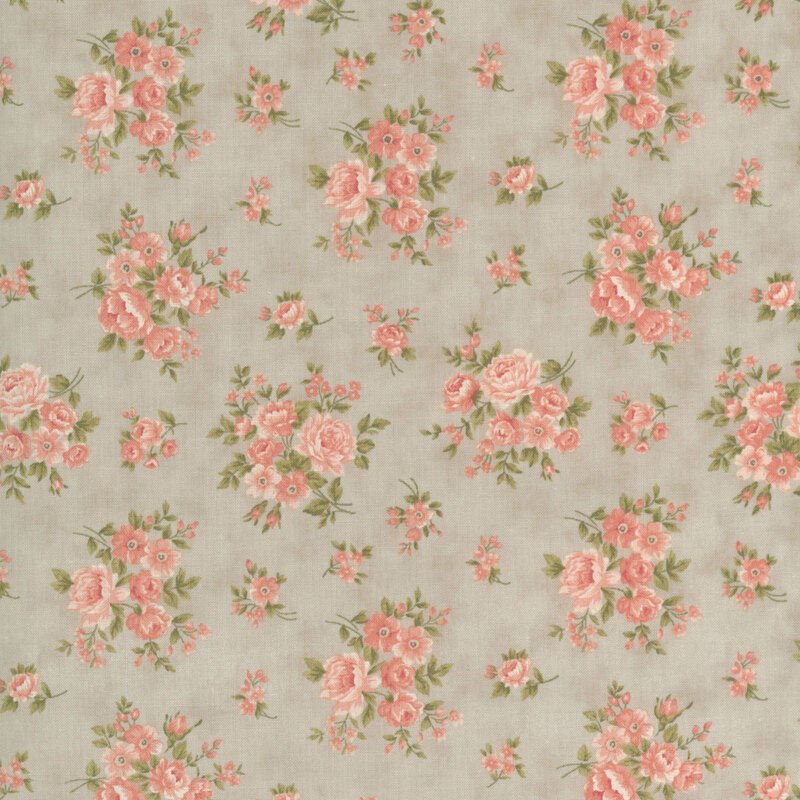 Pink and coral floral blossoms with olive leaves on a mottled taupe gray background.