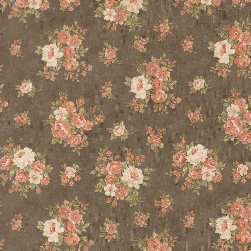 Pink and coral floral blossoms with olive leaves on a mottled dark taupe background.