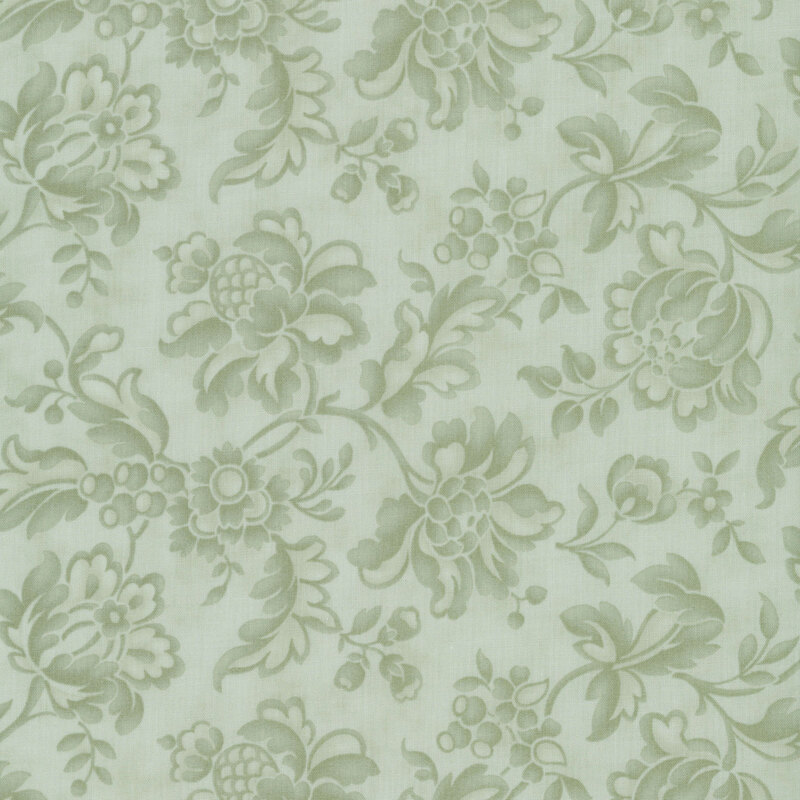 Tonal misty green vintage floral fabric swatch.