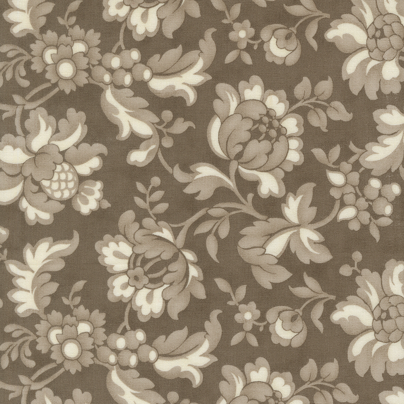 Dark taupe gray and cream vintage floral fabric swatch.
