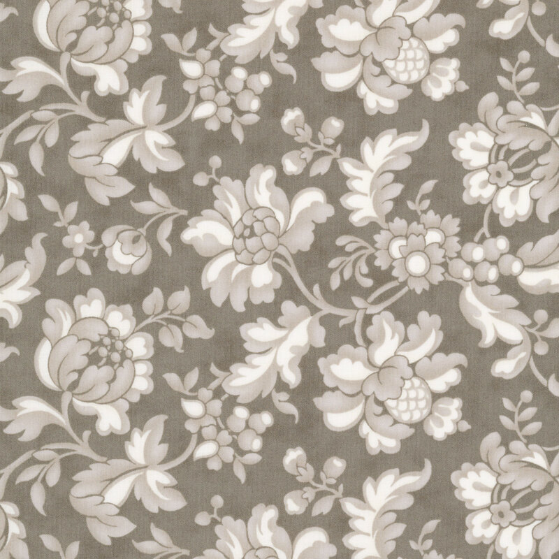 Dark taupe gray and cream vintage floral fabric swatch.
