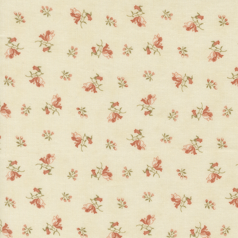 Coral and white floral springs with green leaves scattered across a cream background.