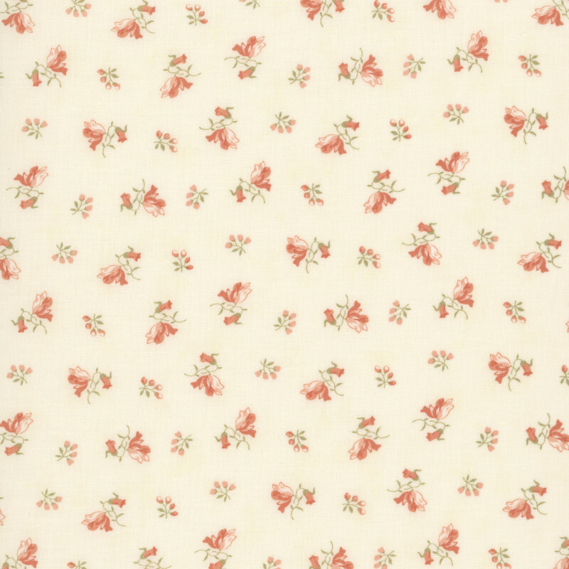 Coral and white floral springs with green leaves scattered across a cream background.