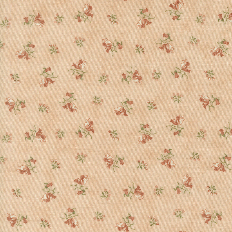 Coral and white floral springs with green leaves scattered across a mottled peach background.