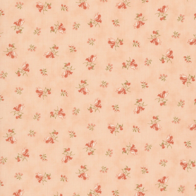 Coral and white floral springs with green leaves scattered across a mottled peach background.