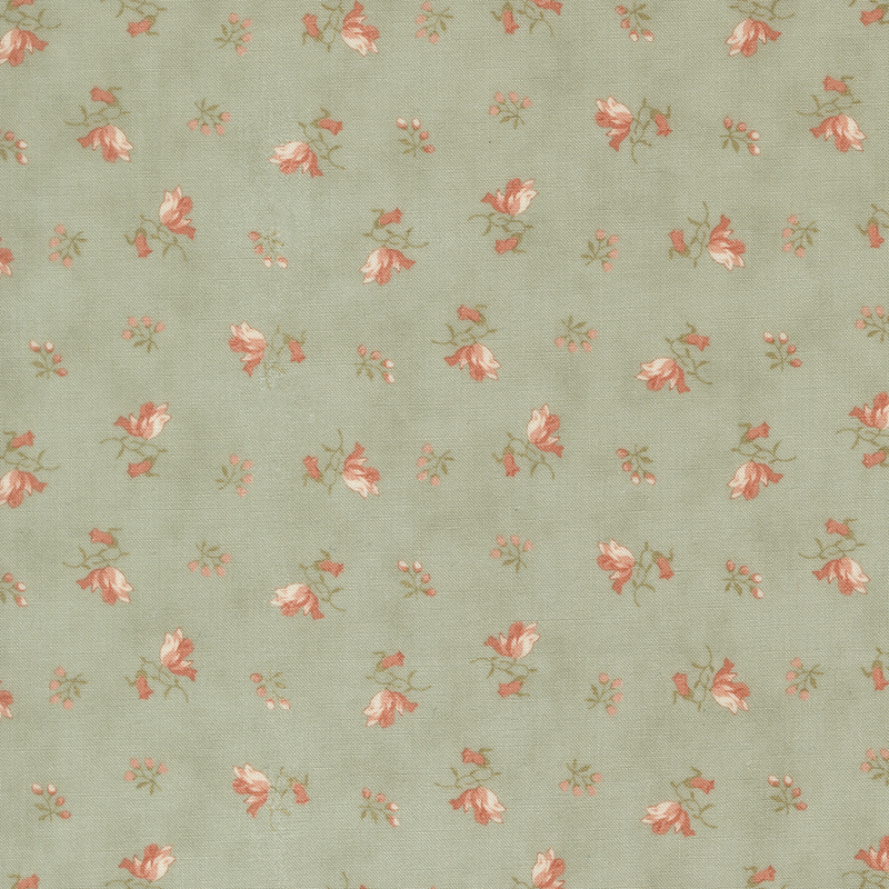 Coral and white floral springs with green leaves scattered across a mottled blue green background.