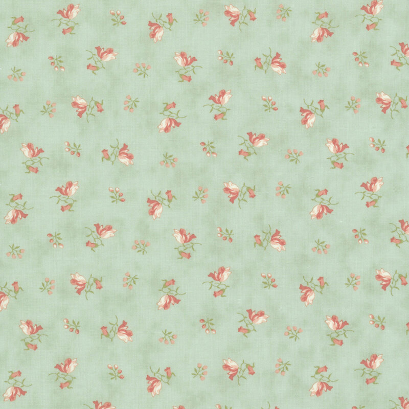 Coral and white floral springs with green leaves scattered across a mottled blue green background.