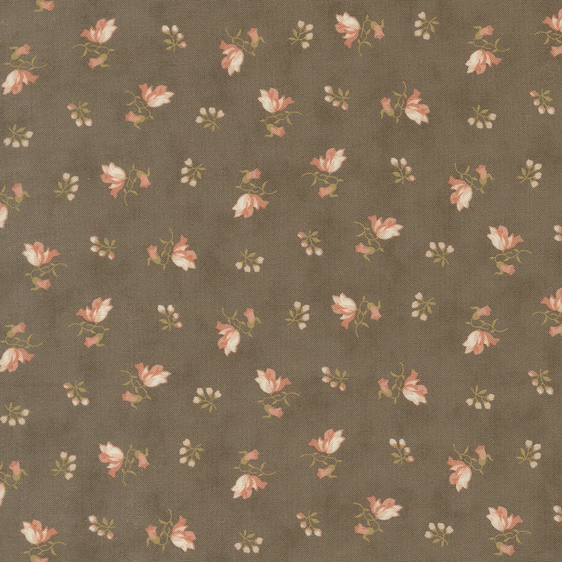 Coral and white floral springs with green leaves scattered across a mottled dark taupe background.