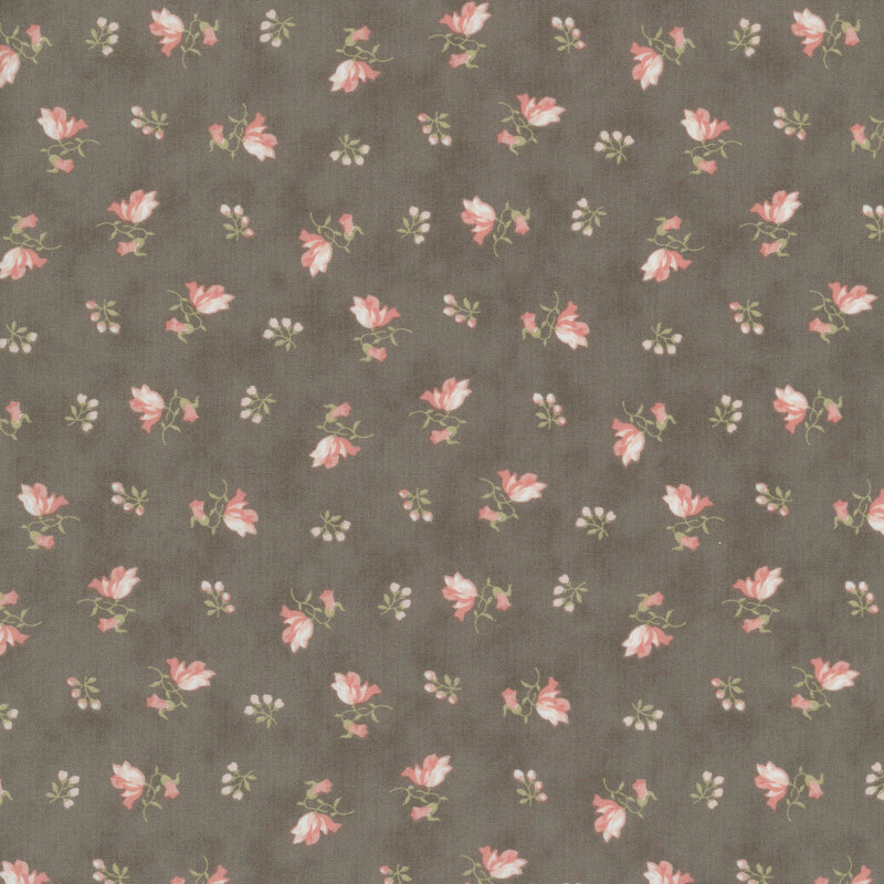 Coral and white floral springs with green leaves scattered across a mottled dark taupe background.