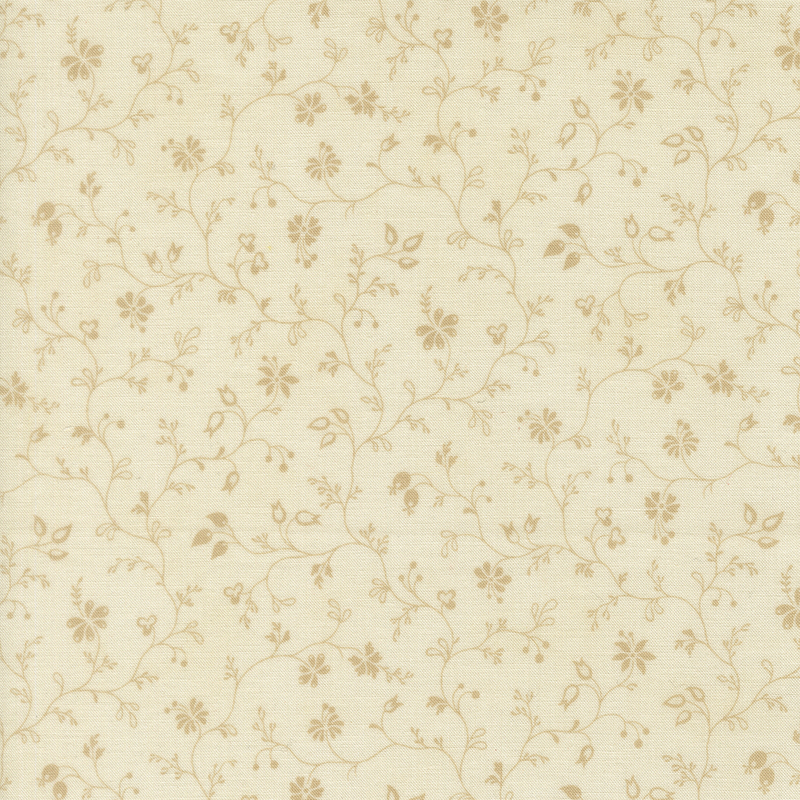 Tonal trailing vine print with leaves and floral buds on a cream background.