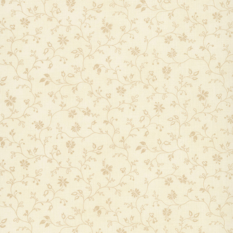 Tonal trailing vine print with leaves and floral buds on a cream background.