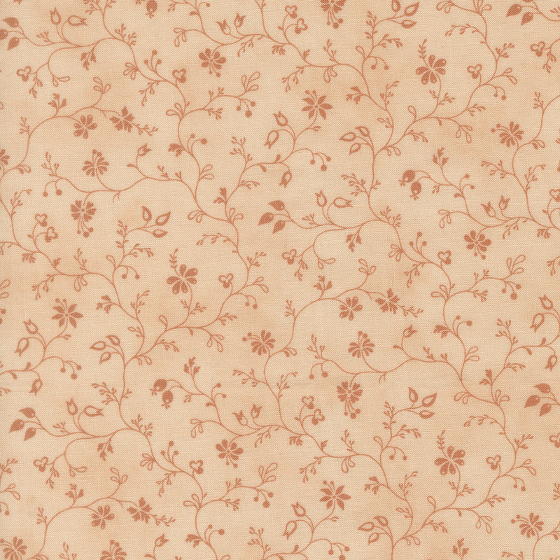 Tonal trailing vines with leaves and floral buds on a mottled peach background.