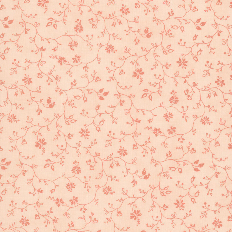 Tonal trailing vines with leaves and floral buds on a mottled peach background.