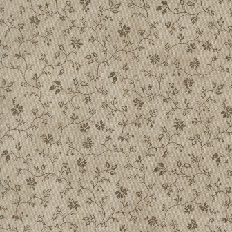 Tonal trailing vine print with leaves and floral buds on a mottled light taupe background.