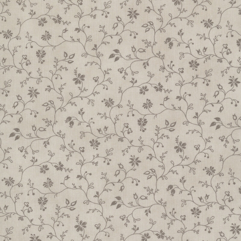 Tonal trailing vine print with leaves and floral buds on a mottled light taupe background.