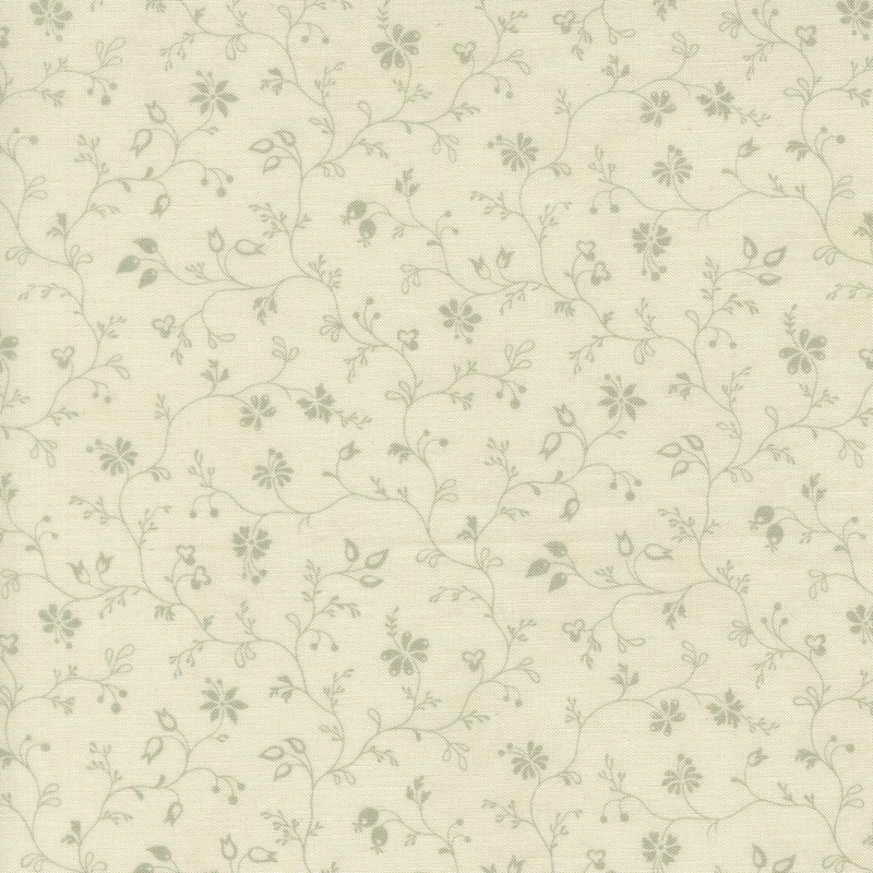 Pale green trailing vine print with leaves and floral buds on a cream background.