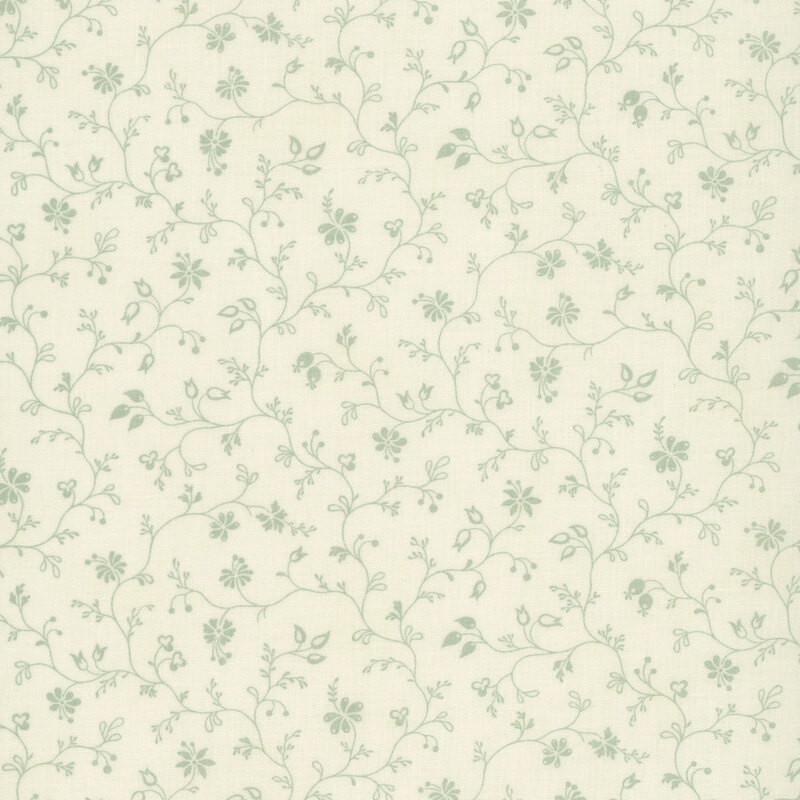 Pale green trailing vine print with leaves and floral buds on a cream background.