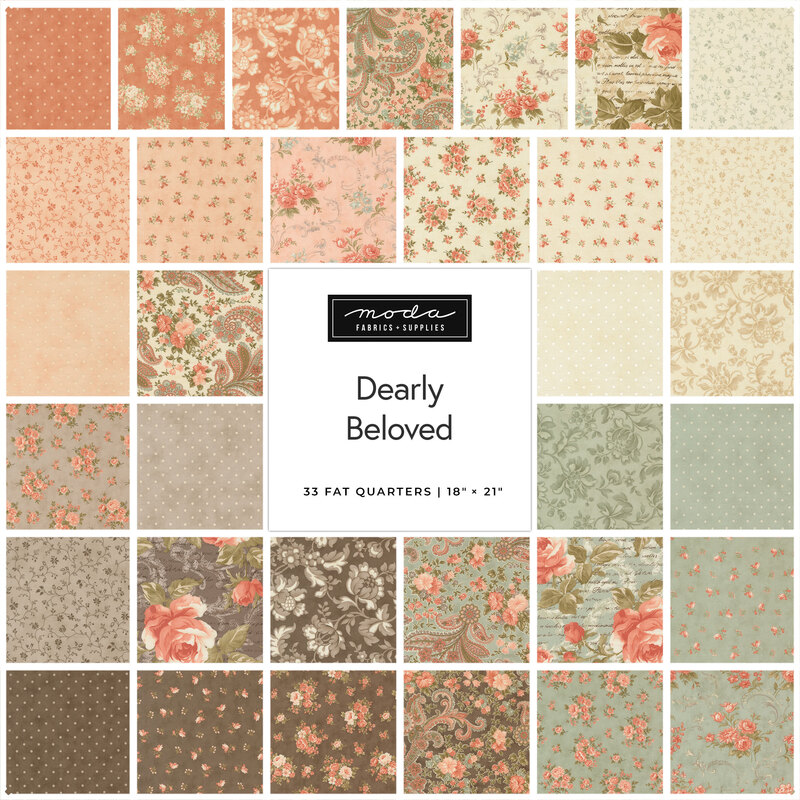 A square collage of the Dearly Beloved fabrics featuring floral and polka dot prints in hues of brown, green, peach, and cream.
