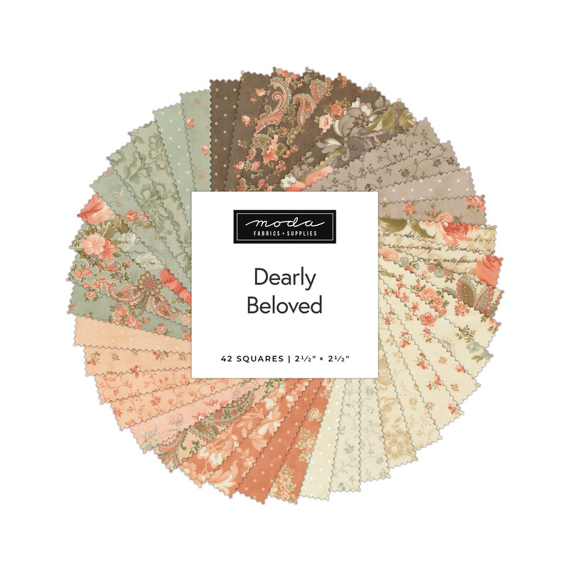 A circular collage of the Dearly Beloved fabrics featuring floral and polka dot prints in hues of brown, green, peach, and cream.