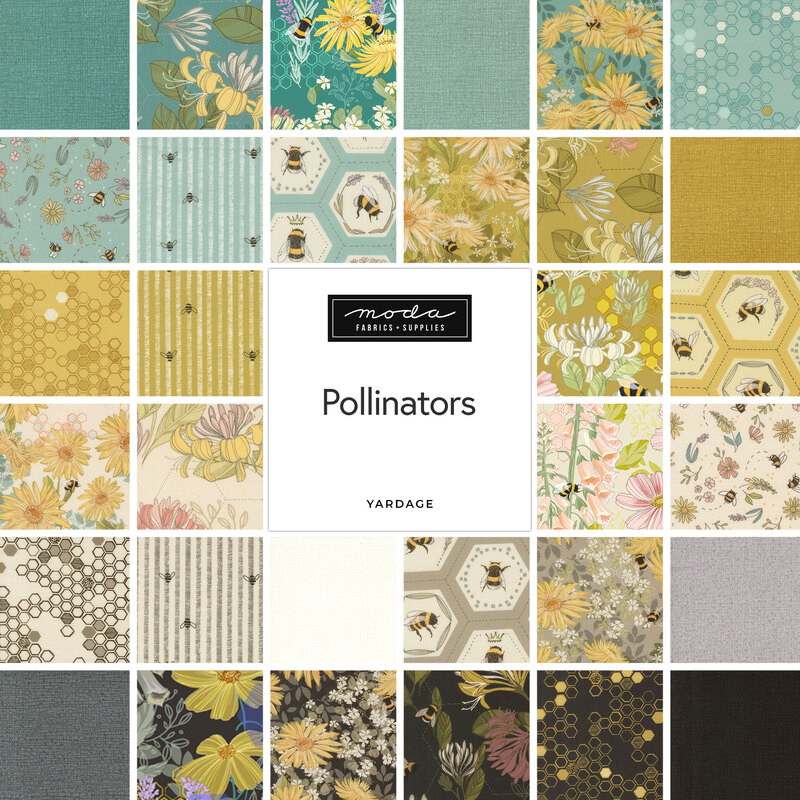 A fabric college of bee themed fabric from the Pollinators collection by Moda Fabrics. 