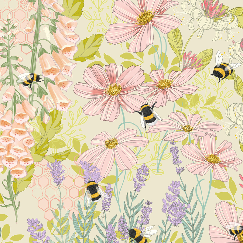 This cream fabric features bees buzzing around wildflowers like foxglove, lavender, cosmos, and daisies. 