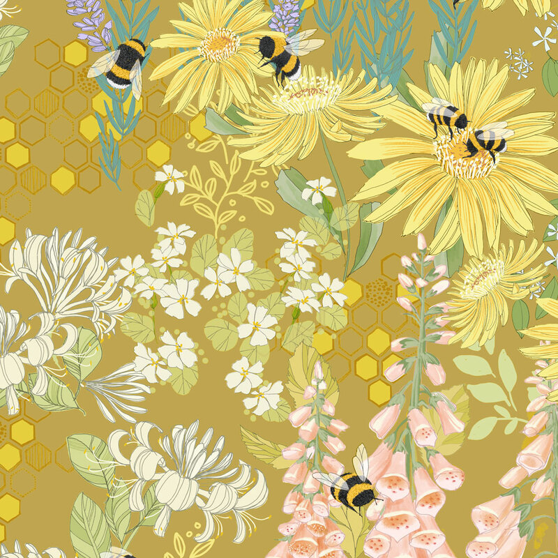 This brassy yellow fabric features bees buzzing around wildflowers like foxglove, lavender, cosmos, and daisies. 