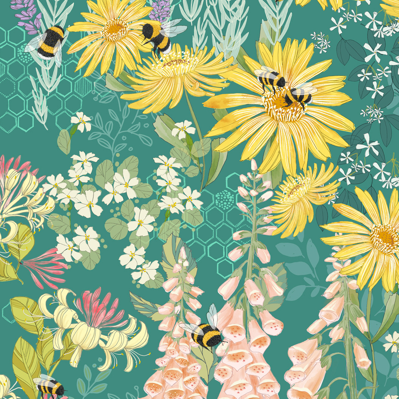 This viridian fabric features bees buzzing around wildflowers like foxglove, lavender, cosmos, and daisies. 