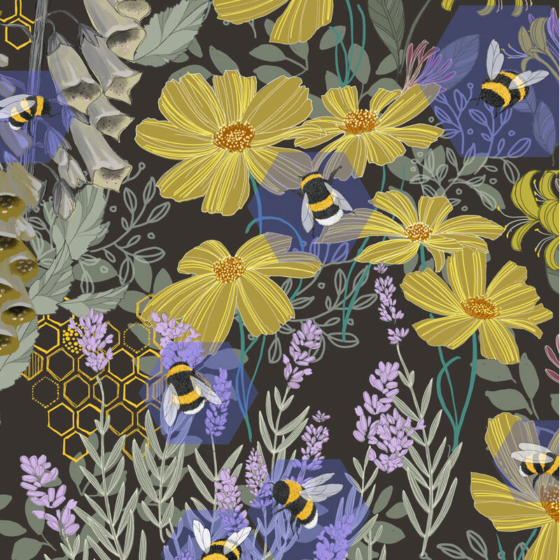 This black fabric features bees buzzing around wildflowers like foxglove, lavender, cosmos, and daisies. 