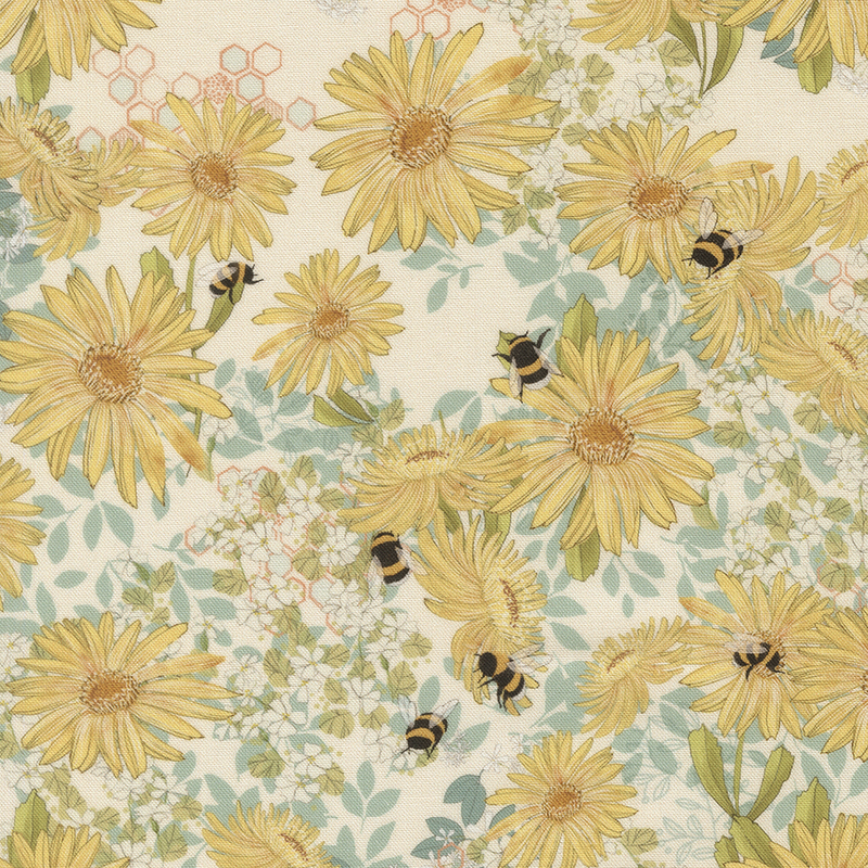 This cream fabric features frolicking bees, daisies, and tiny white flowers nestled among leafy foliage.