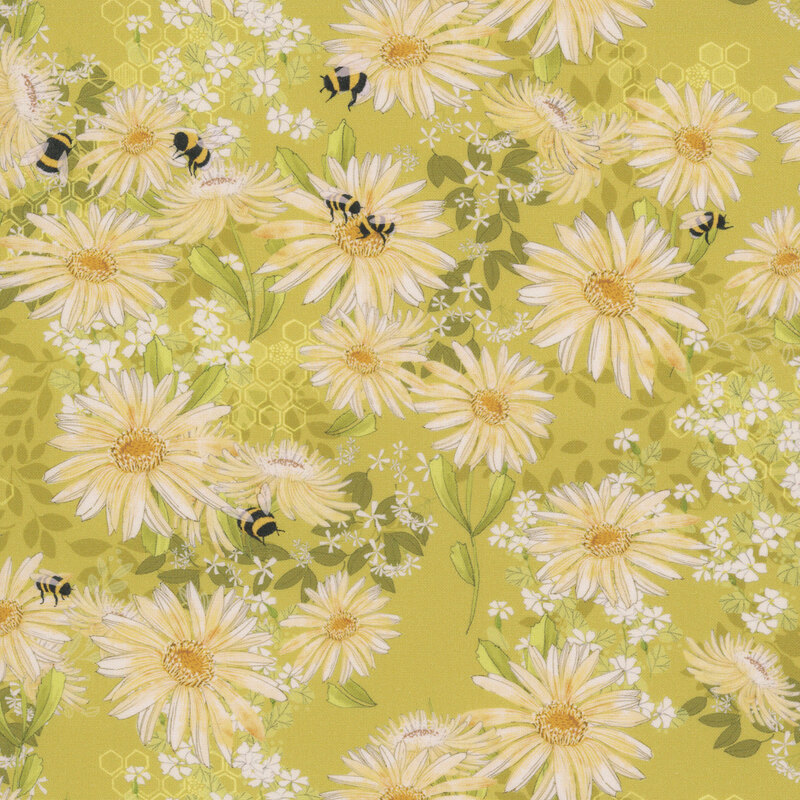 This brassy yellow fabric features frolicking bees, daisies, and tiny white flowers nestled among leafy foliage.