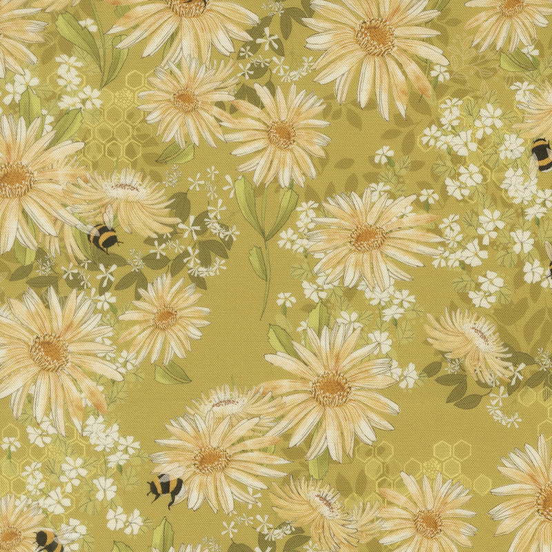 This brassy yellow fabric features frolicking bees, daisies, and tiny white flowers nestled among leafy foliage.