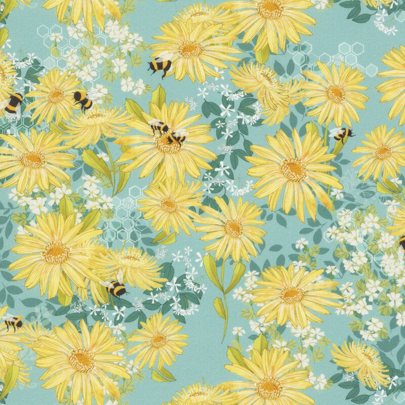 This viridian fabric features frolicking bees, daisies, and tiny white flowers nestled among leafy foliage.