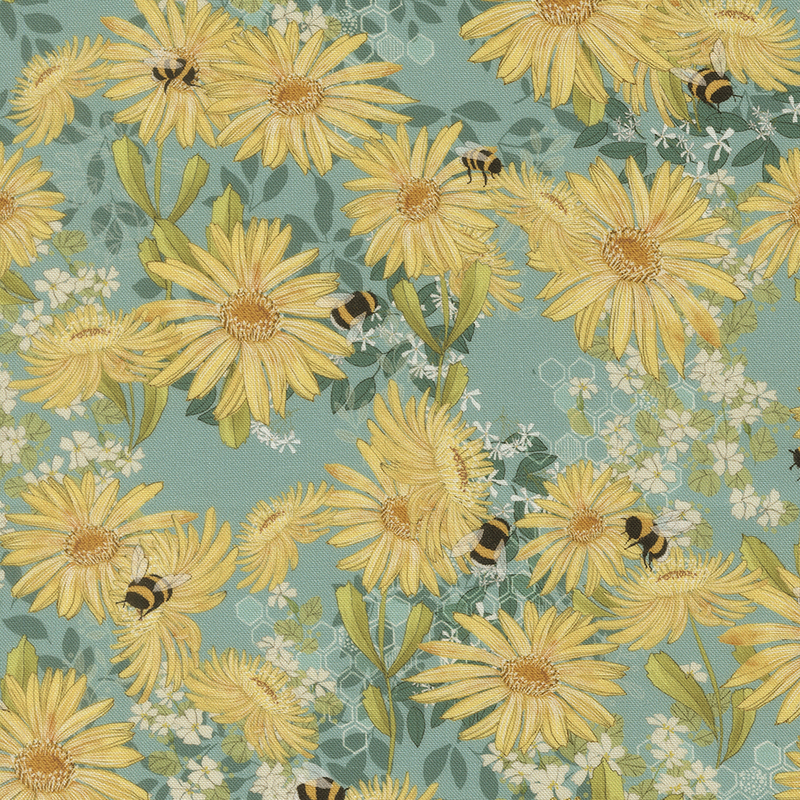 This viridian fabric features frolicking bees, daisies, and tiny white flowers nestled among leafy foliage.