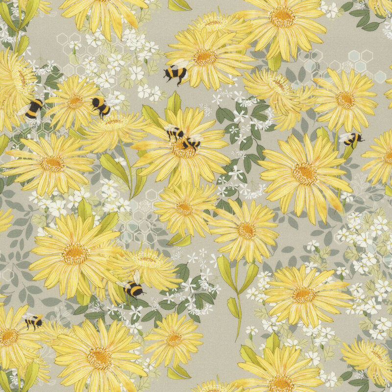 This mouse grey fabric features frolicking bees, daisies, and tiny white flowers nestled among leafy foliage.