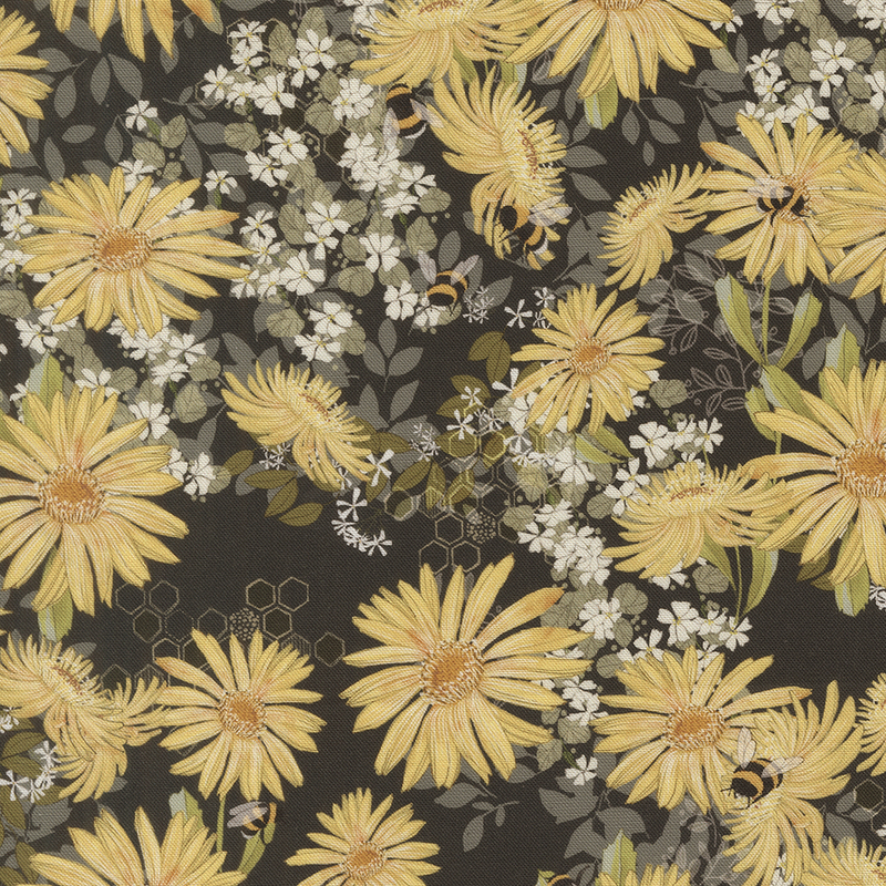 This black fabric features frolicking bees, daisies, and tiny white flowers nestled among leafy foliage.