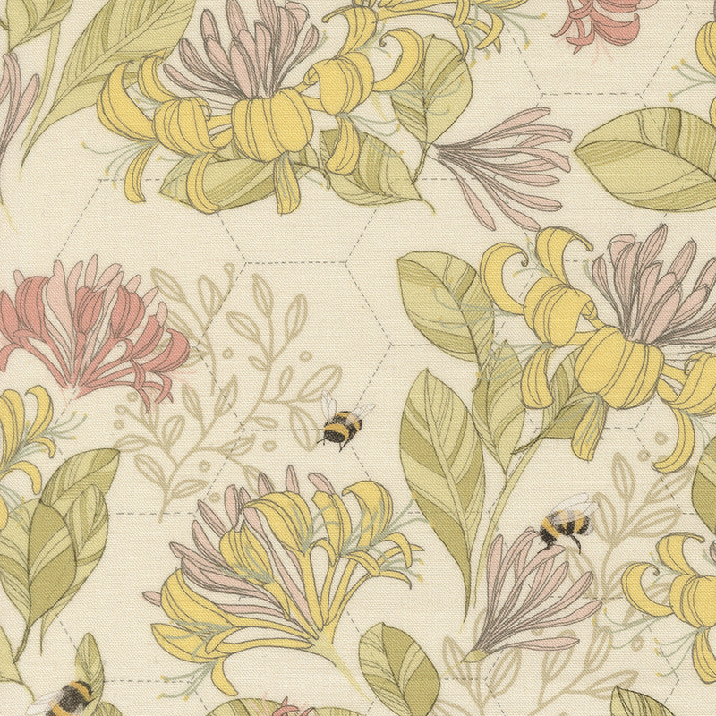 This cream fabric features a honeycomb hexagon design layered beneath yellow and pink florals, with buzzing bees scattered throughout. 
